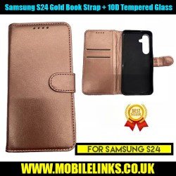 Samsung Galaxy S24 Gold Book Case with Strap + 10D Tempered Glass